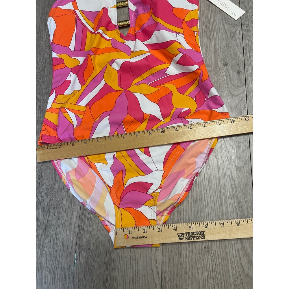 Retro Resort Pink Orange Mod Print Open Back One Piece Swimsuit - Picture 11 of 13